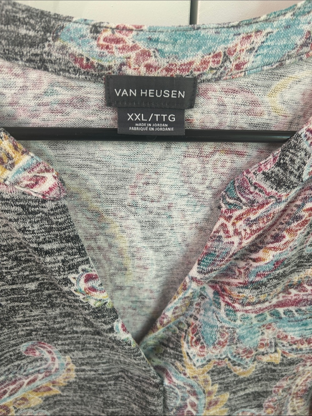 Van Heusen Gray Paisley Long Sleeve Top with Teal and Pink Accents - Picture 2 of 3